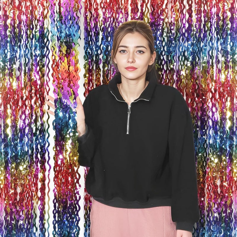 KEEUH 4 Pack Wavy Rainbow Foil Fringe Curtain | 3.3x6.6ft Colorful Tinsel Metallic Streamers Holiday Photo Booth Props Backdrop for Engagement Bridal Shower Unicorn Party Decorations - Image 3